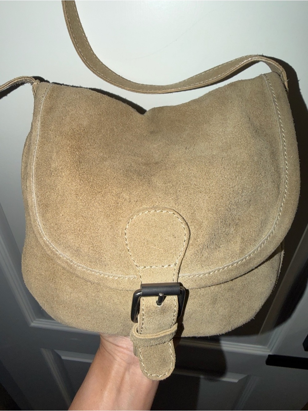 BDG Tan Suede Leather Saddle Crossbody Bag Boho Western Buckle Shoulder Purse